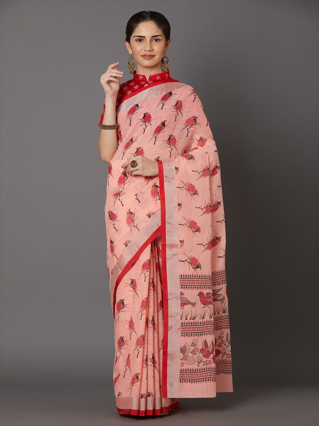 Mitera Peach-Coloured & Red Silk Blend Printed Kanjeevaram Saree