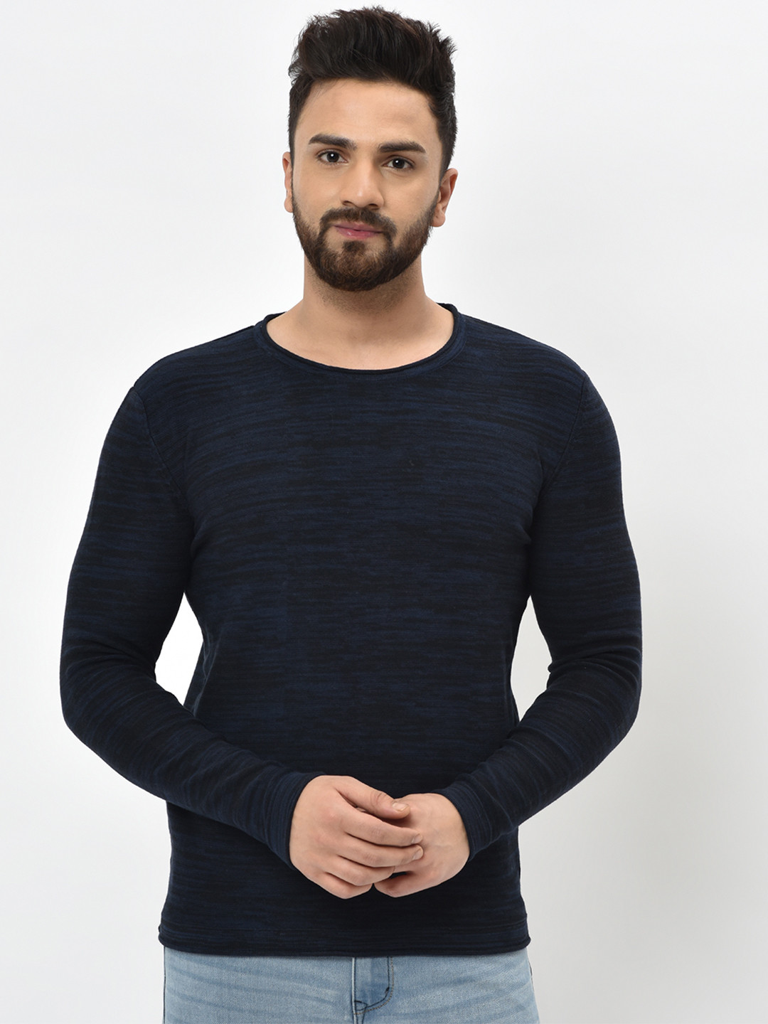 ARMISTO Men Blue & Black Self Design Pullover Sweater
