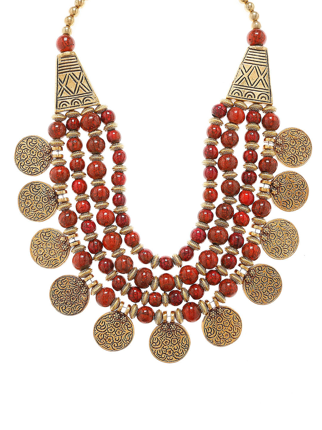 Bamboo Tree Red & Gold-Toned Multistrand Beaded Necklace