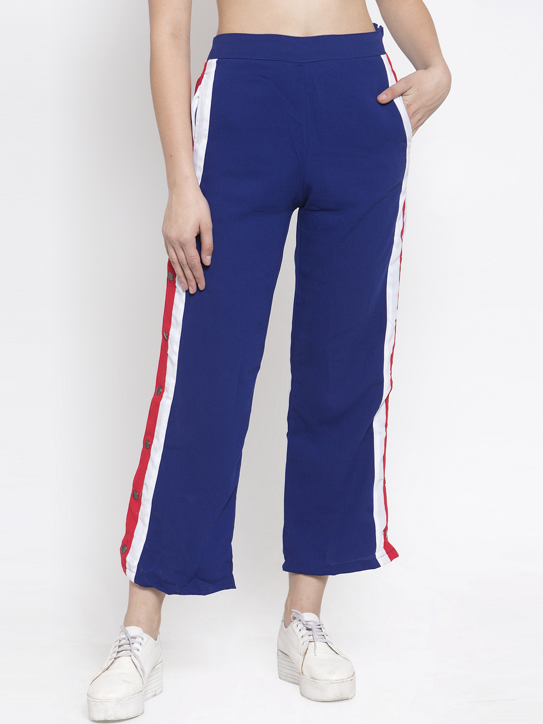 VOXATI Women Blue Straight Fit Striped Parallel Trousers
