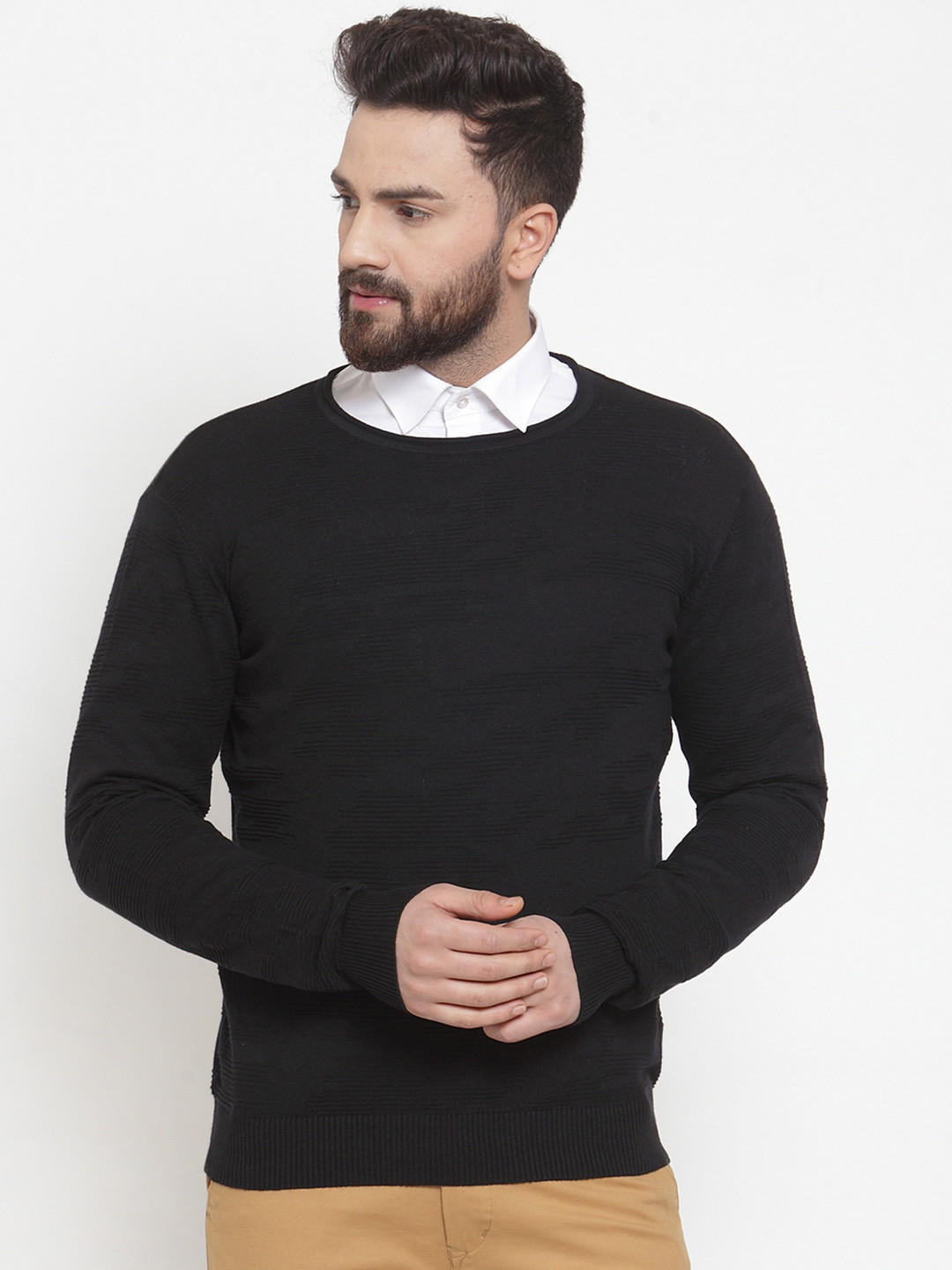 ARMISTO Men Black Self Design Lightweight Pullover Sweater