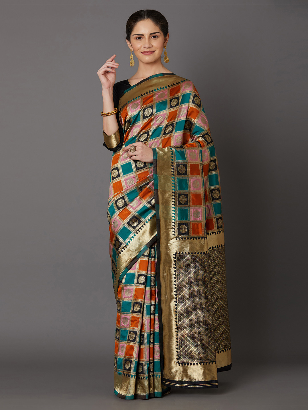 Mitera Orange & Blue Silk Blend Woven Design Kanjeevaram Saree