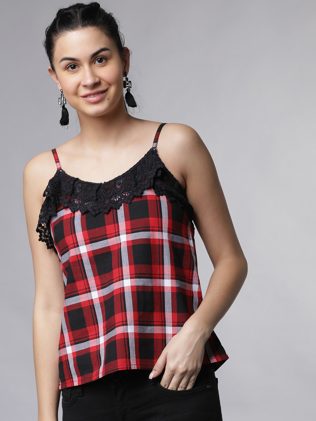 Tokyo Talkies Women Red Checked Top
