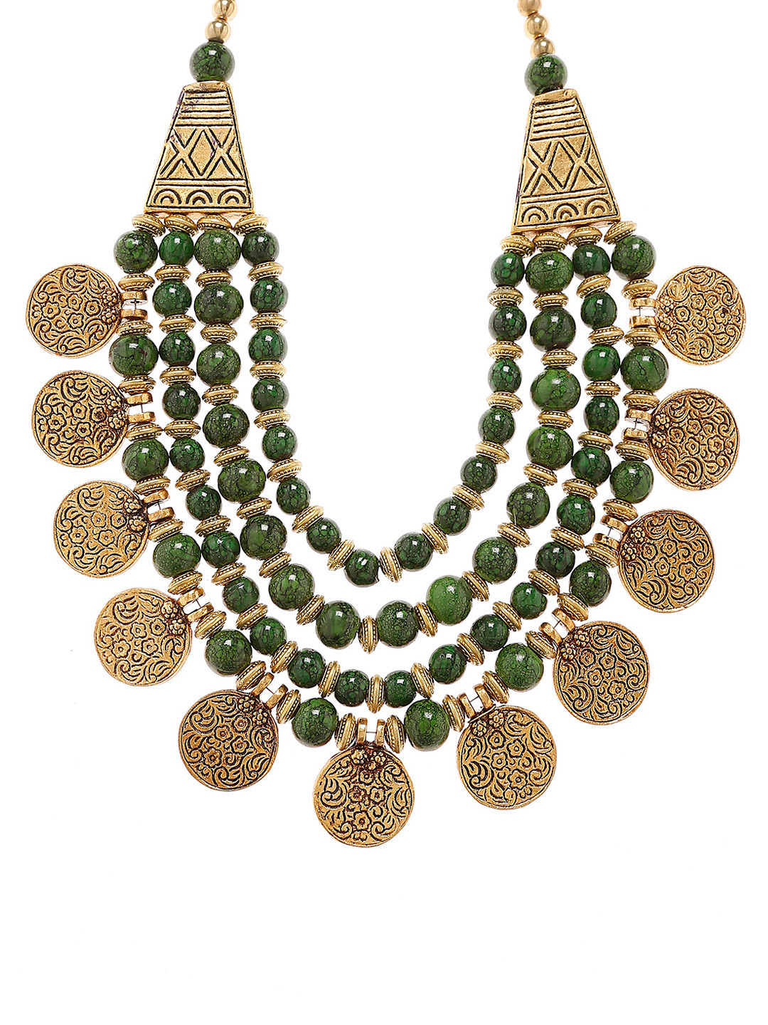Bamboo Tree Green and Gold-Toned Beaded Handcrafted Necklace