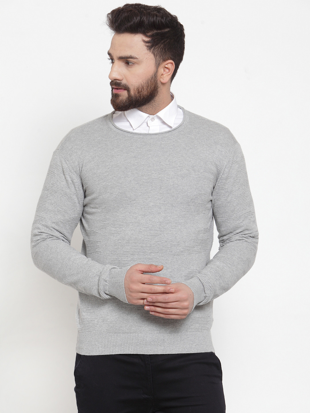 ARMISTO Men Grey Melange Self Design Lightweight Pullover Sweater