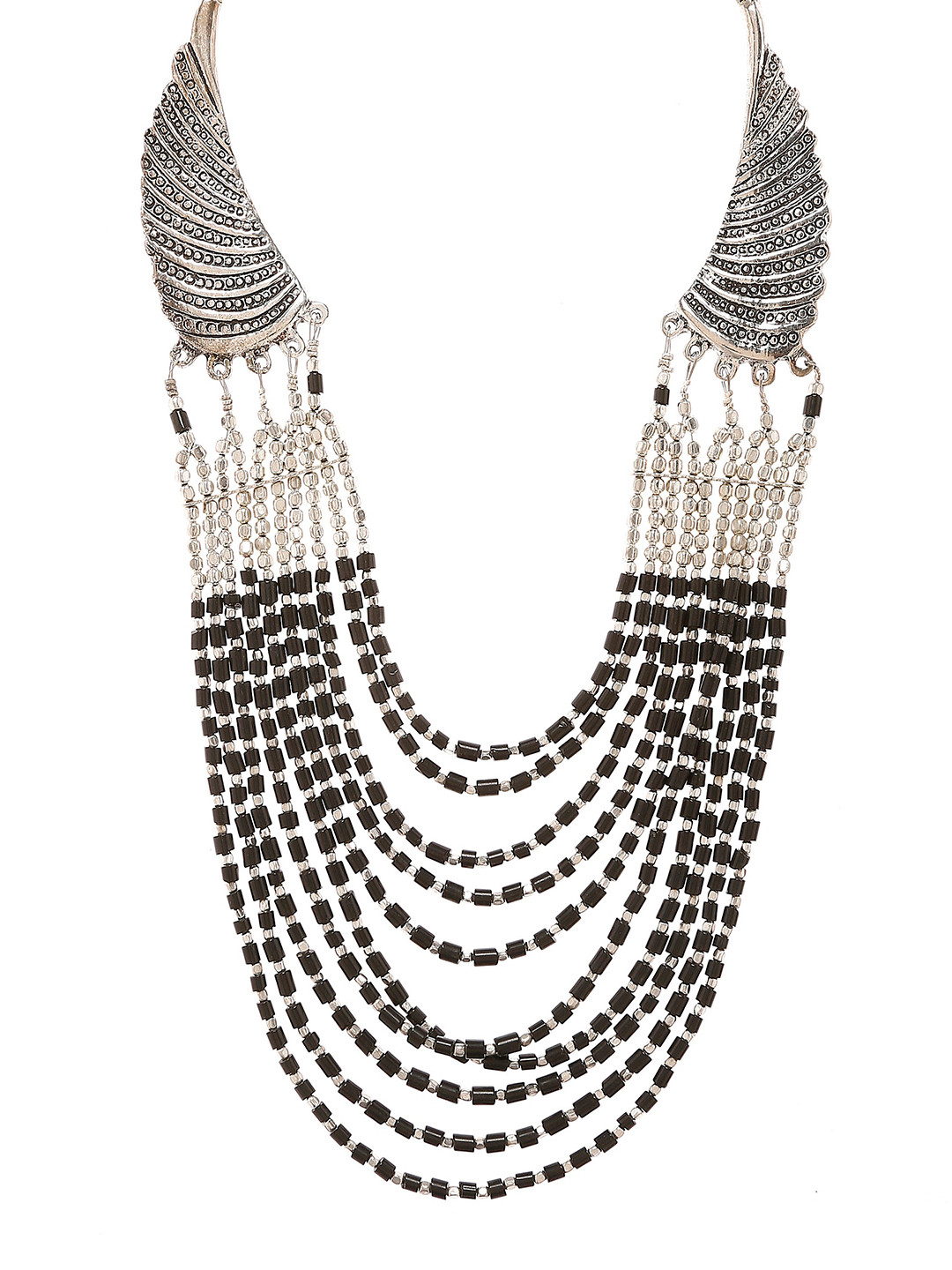 Bamboo Tree Black & Silver-Toned Beaded Handcrafted Necklace