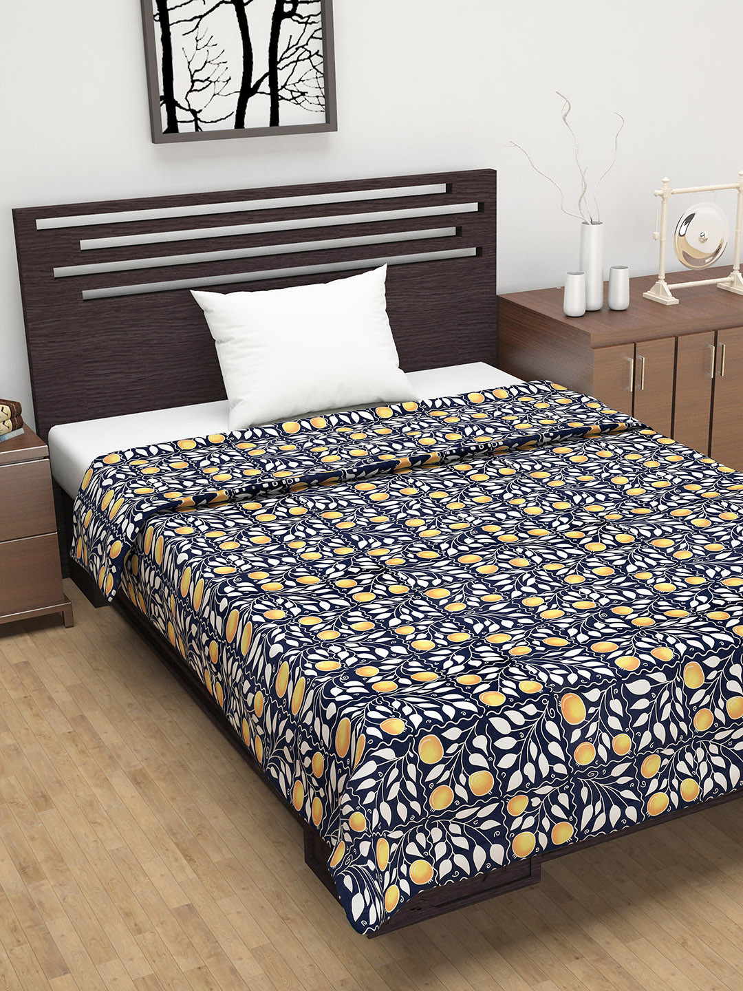 Divine Casa Navy Blue & White Floral AC Room 110 GSM Single Bed Dohar