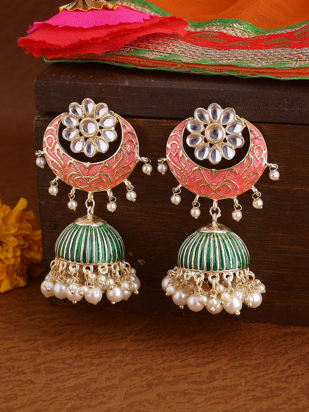 Shoshaa Gold-Plated & Pink Dome Shaped Jhumkas