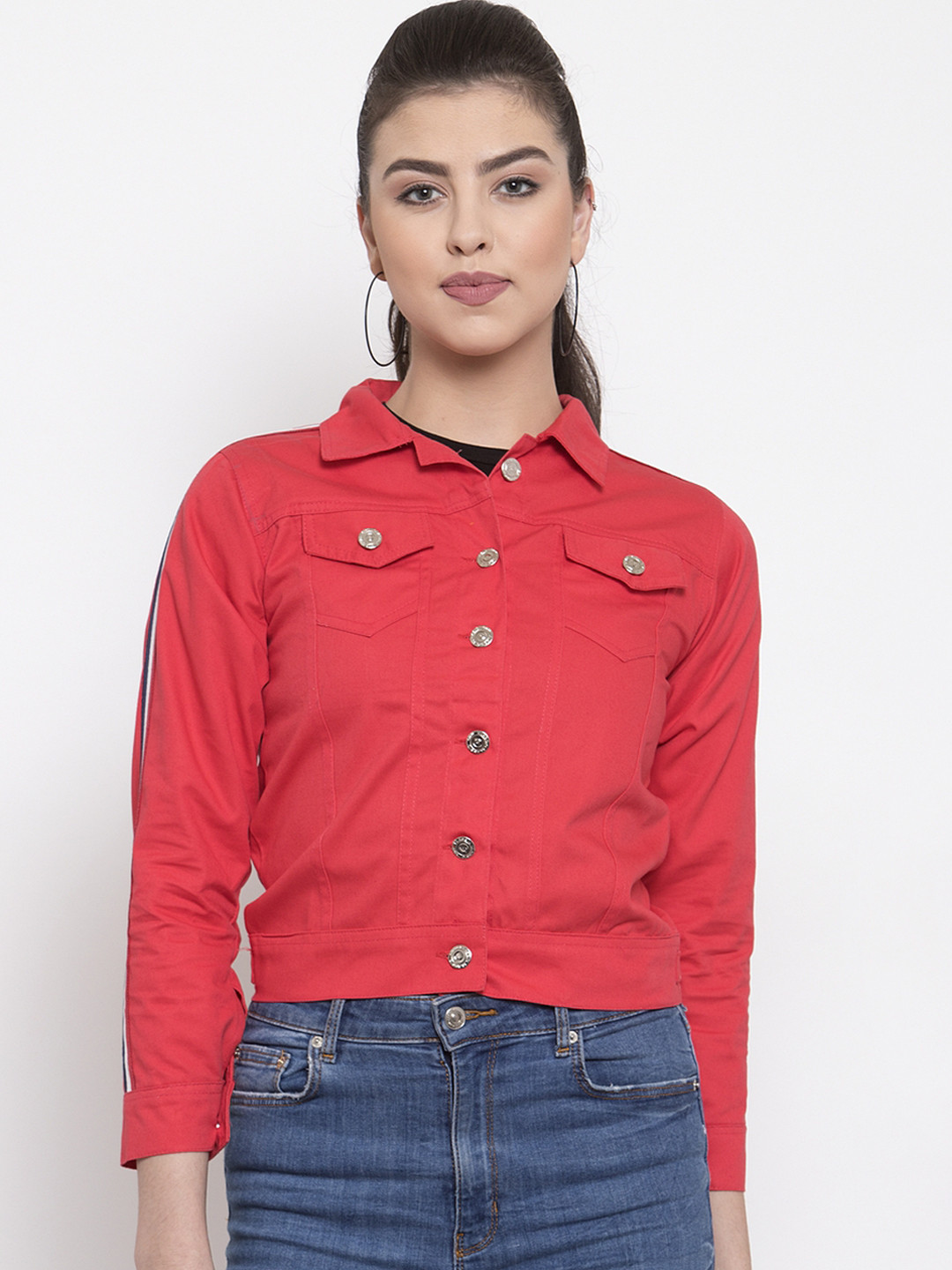 VOXATI Women Coral Solid Denim Jacket