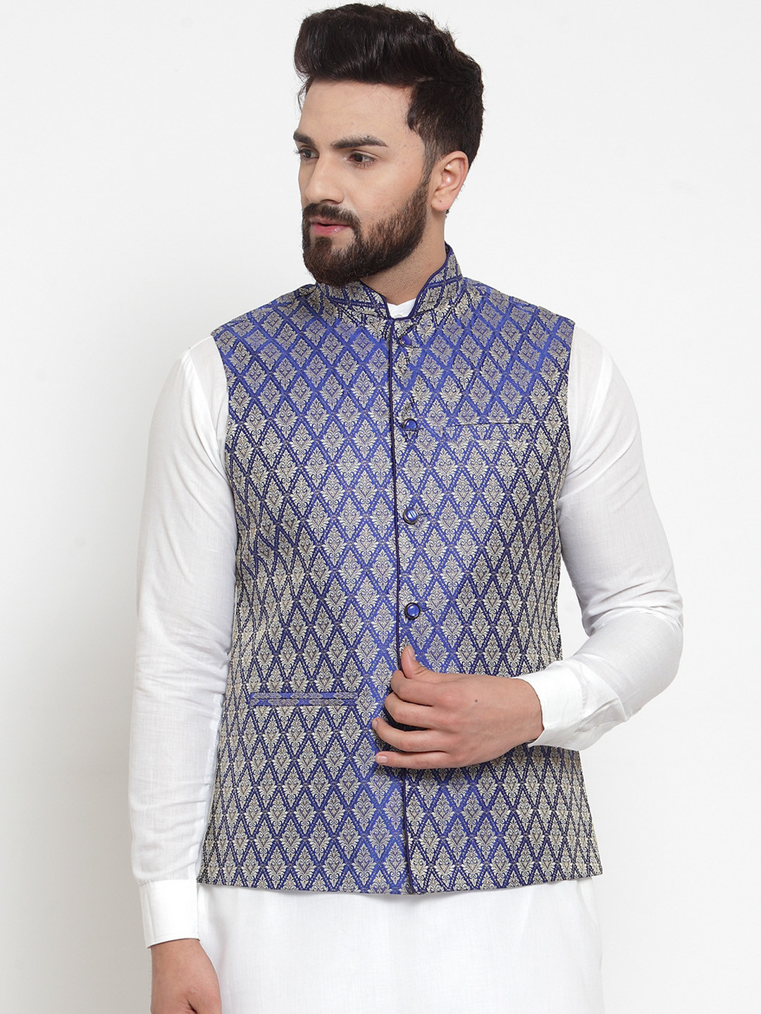 TREEMODA Men Blue Woven Design Nehru Jacket