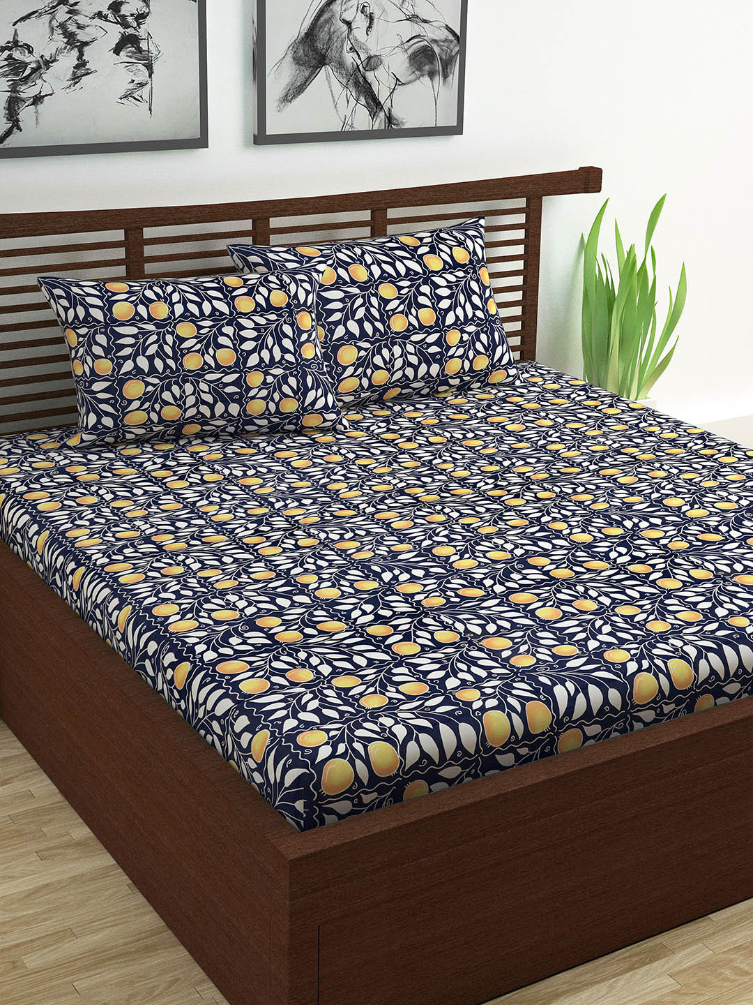 Divine Casa Navy Blue Floral Pure Cotton 120 TC Queen Bedsheet with 2 Pillow Covers-222 x 240 cm