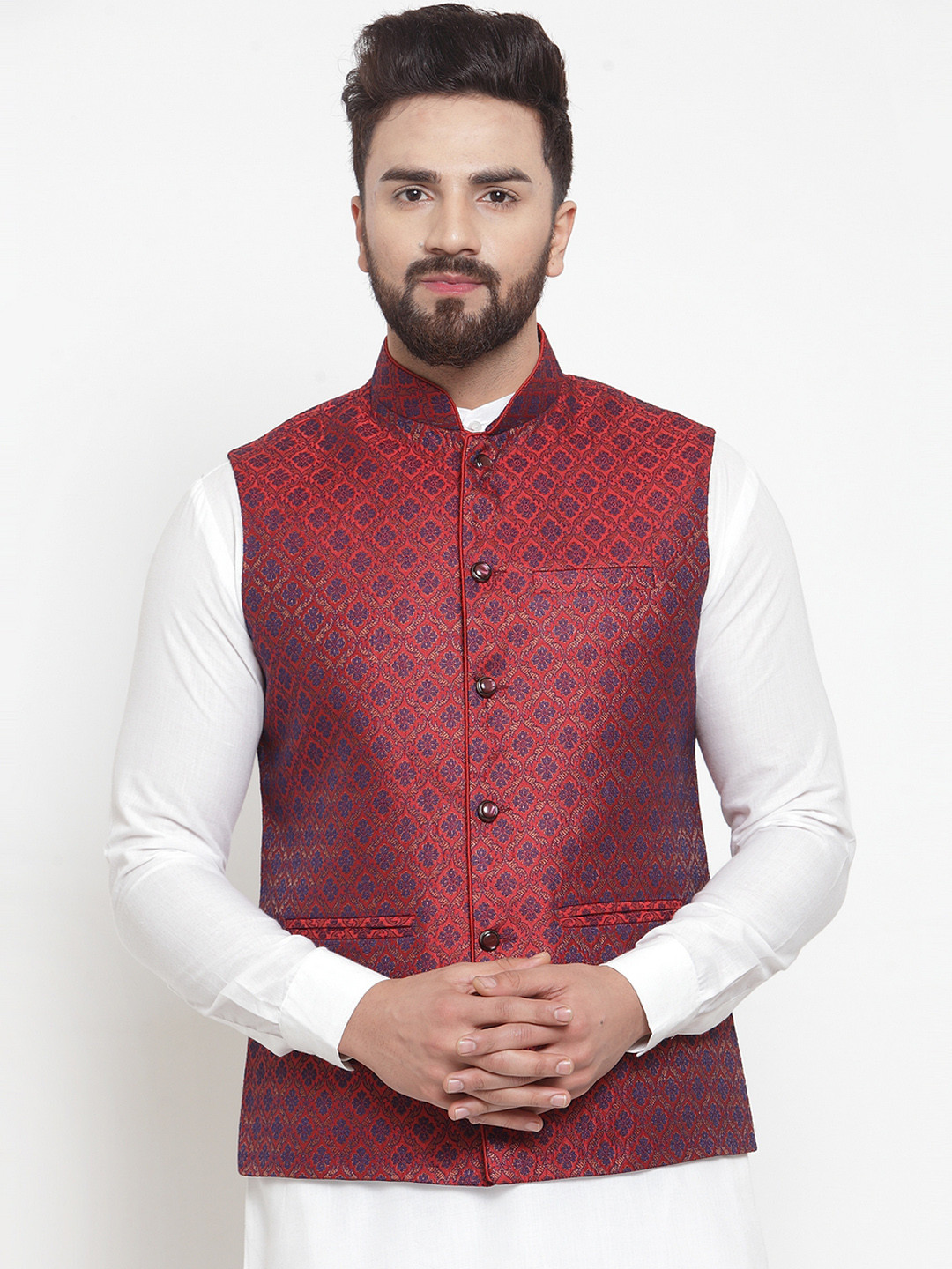 TREEMODA Men Maroon Woven Design Pure Silk Brocade Nehru Jacket