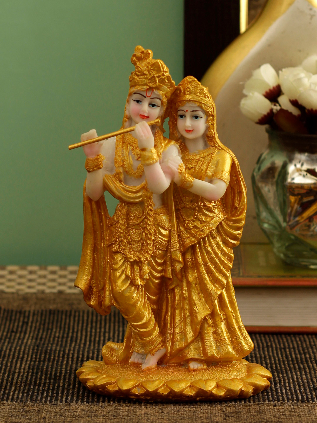 TIED RIBBONS Radha Krishna Gold Metal Metallic Prayer Room Small Showpiece - 7.5 Inches