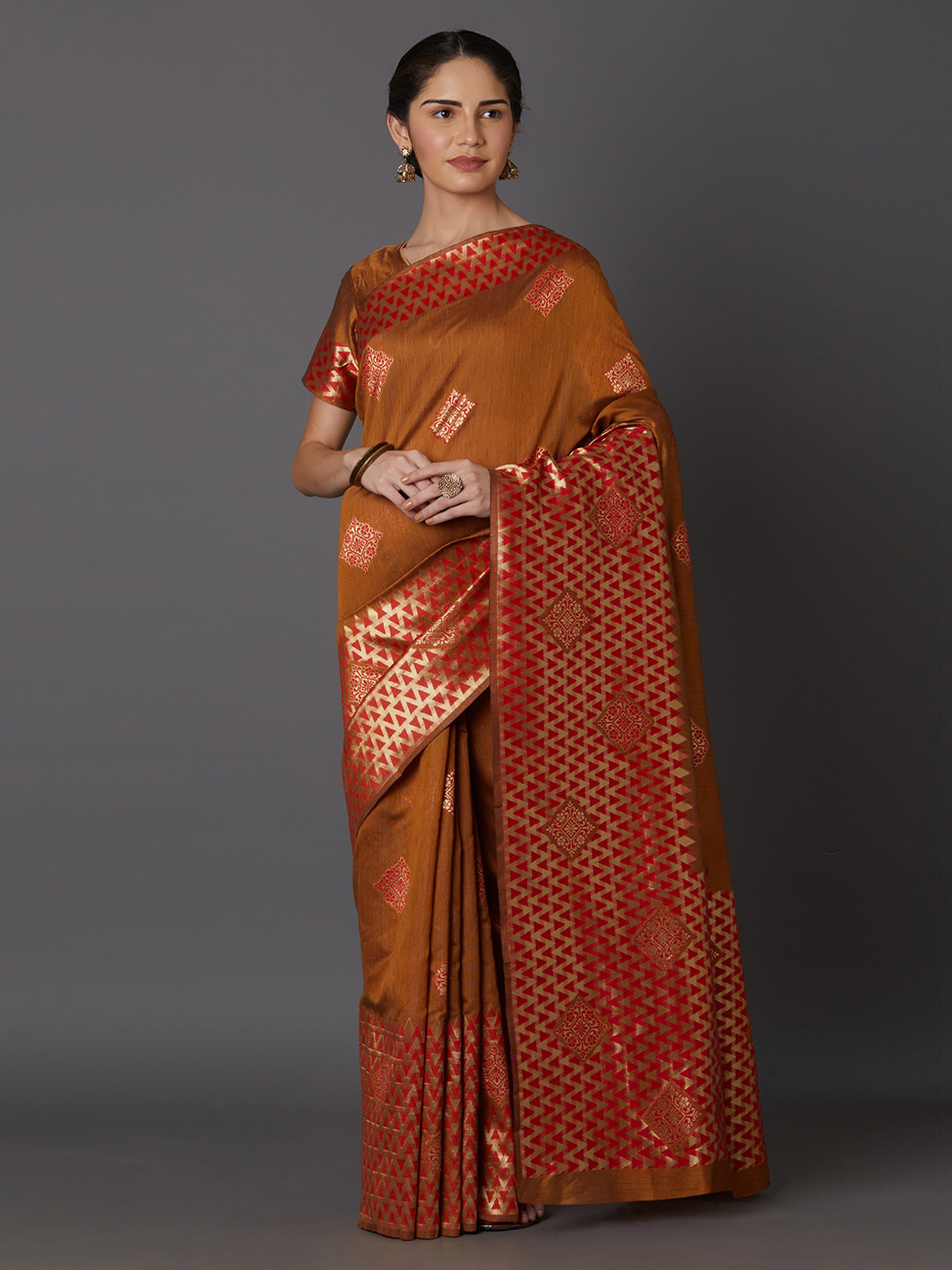 Mitera Rust Orange & Red Silk Blend Woven Design Kanjeevaram Saree