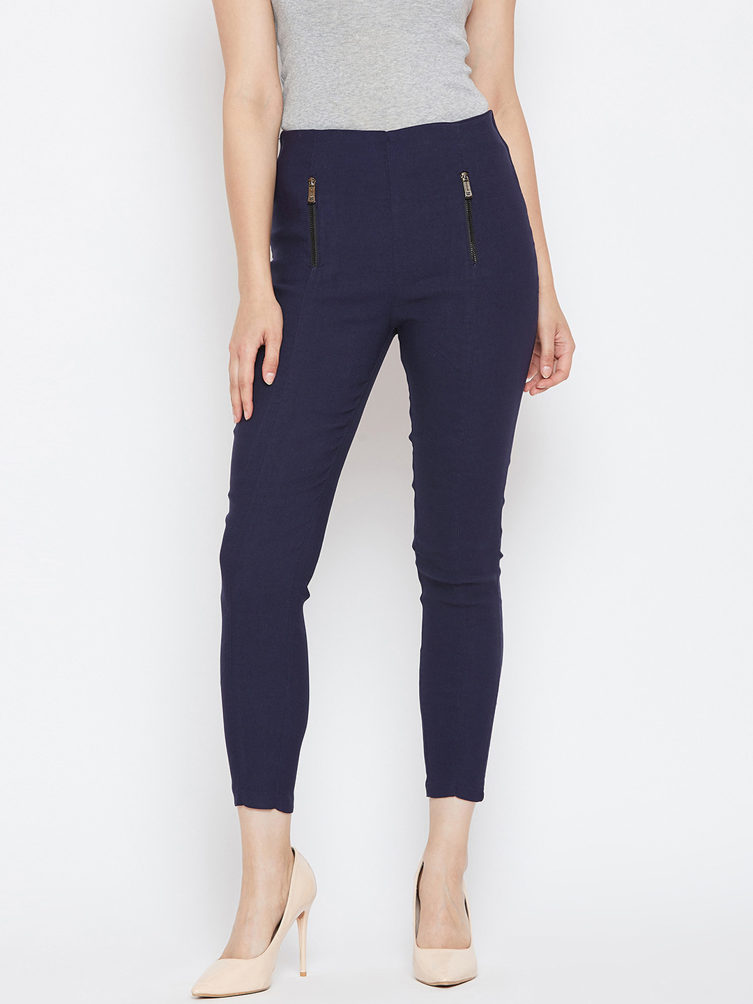 Bitterlime Women Navy Blue Solid Cropped Slim Fit Jeggings