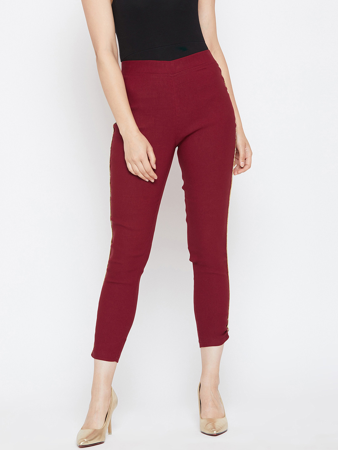 Bitterlime Women Maroon Solid Cropped Slim Fit Treggings