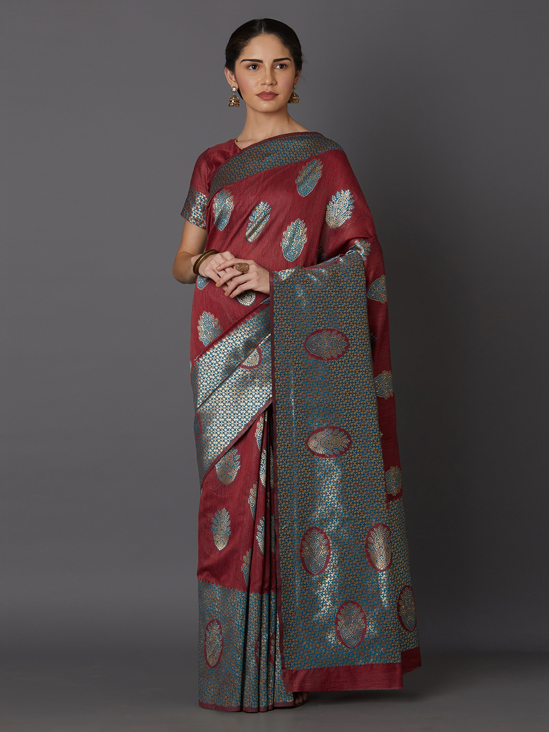 Mitera Maroon & Blue Silk Blend Woven Design Kanjeevaram Saree