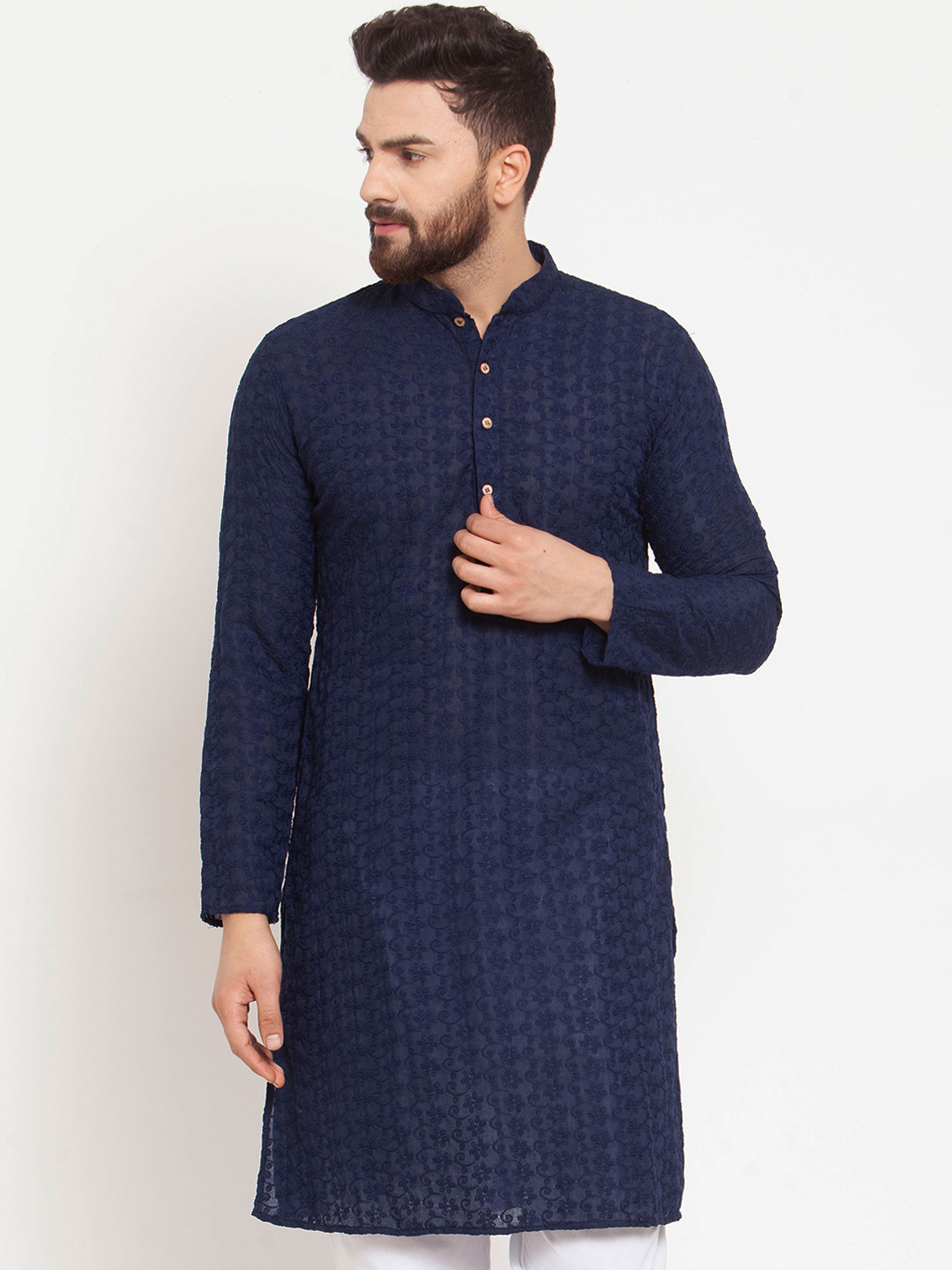 TREEMODA Men Navy Blue Embroidered Chikankari Straight Kurta