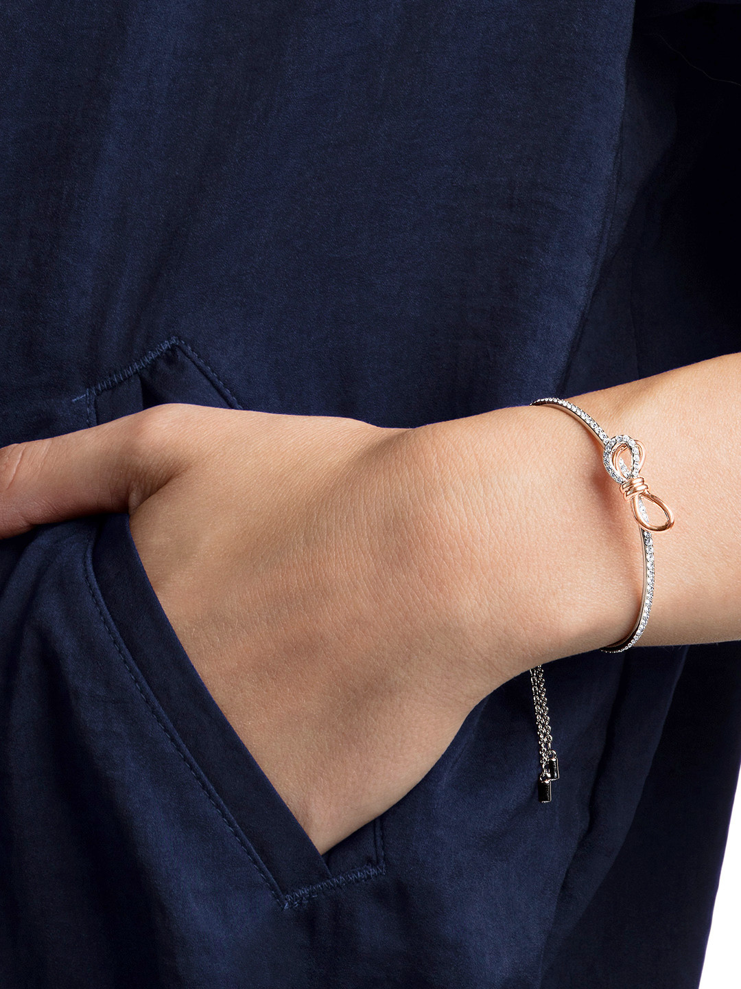 SWAROVSKI White & Rose Gold-Toned Rhodium-Plated Crystal-Studded Bangle-Style Bracelet