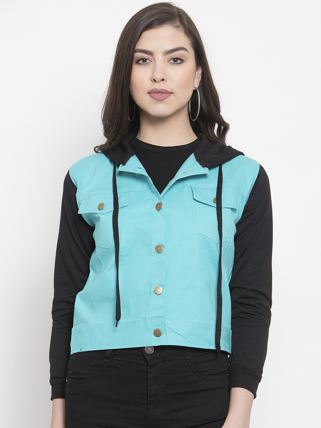 VOXATI Women Turquoise Blue Denim Jacket