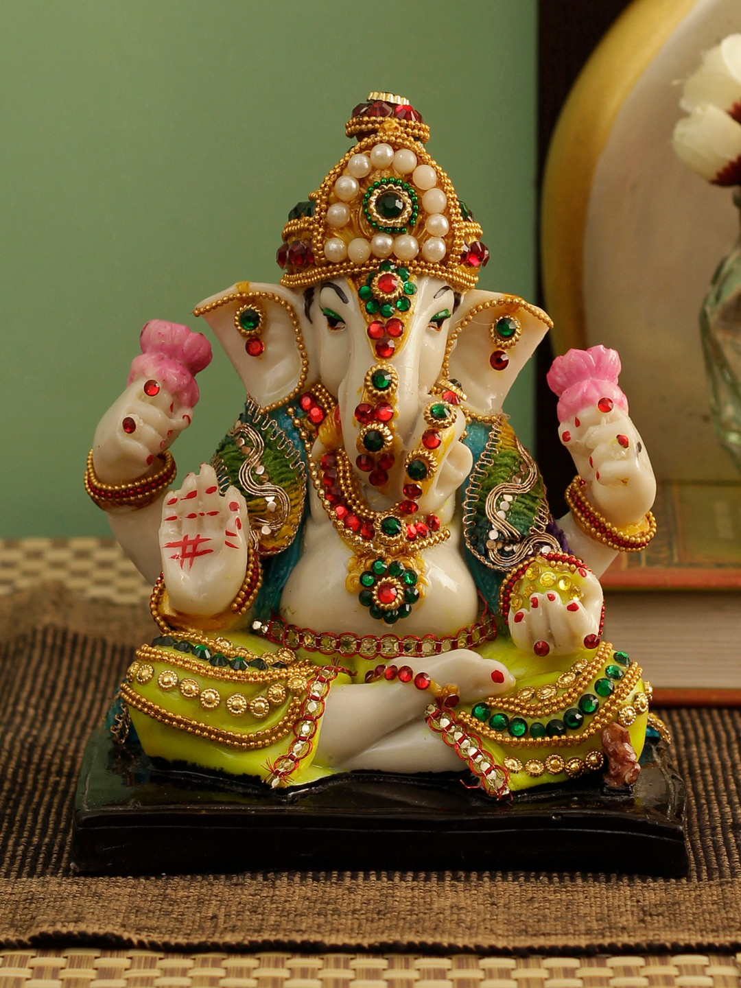 TIED RIBBONS Lord Ganesha Cream Polyresin Natural Prayer Room Small Showpiece - 6.3 Inches