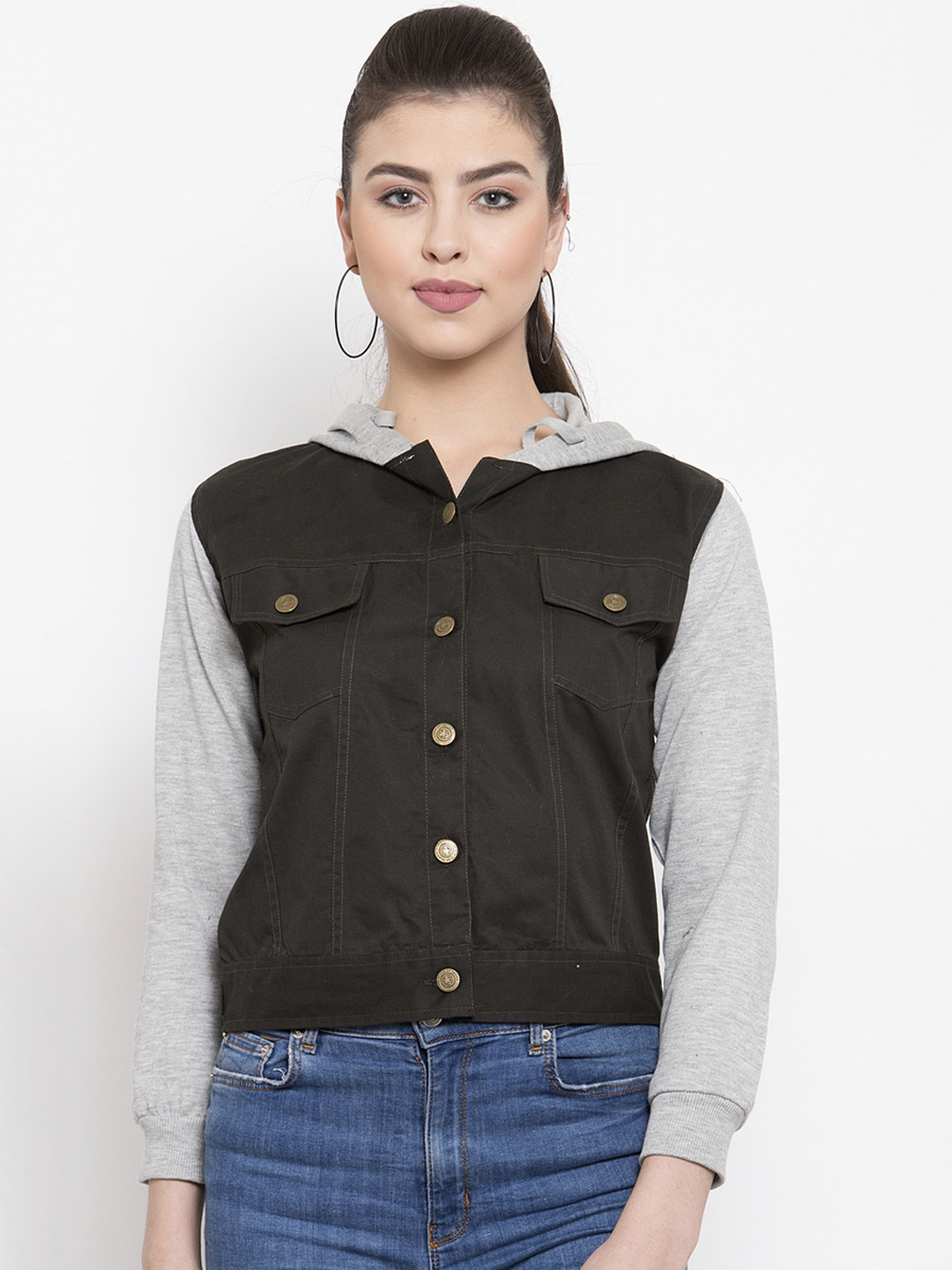 VOXATI Women Olive Green Solid Denim Jacket