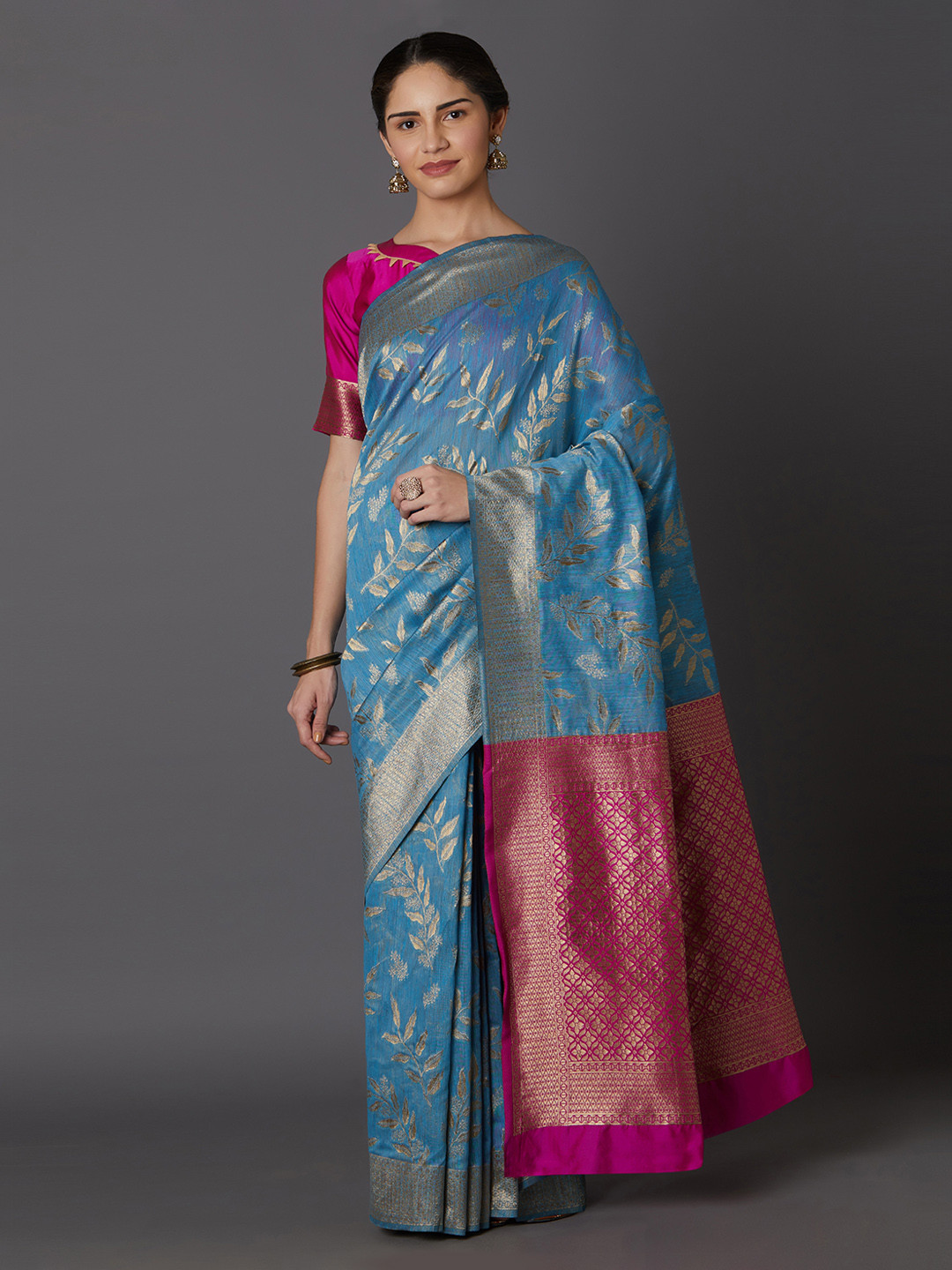 Mitera Blue Silk Blend Woven Design Kanjeevaram Saree