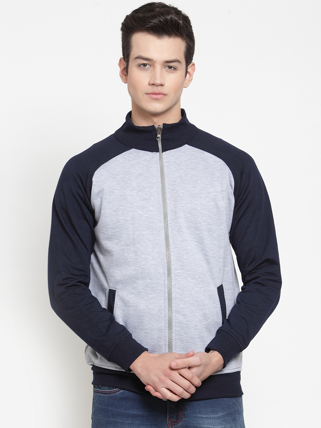 VOXATI Men Grey Melange & Navy Blue Colourblocked Sweatshirt