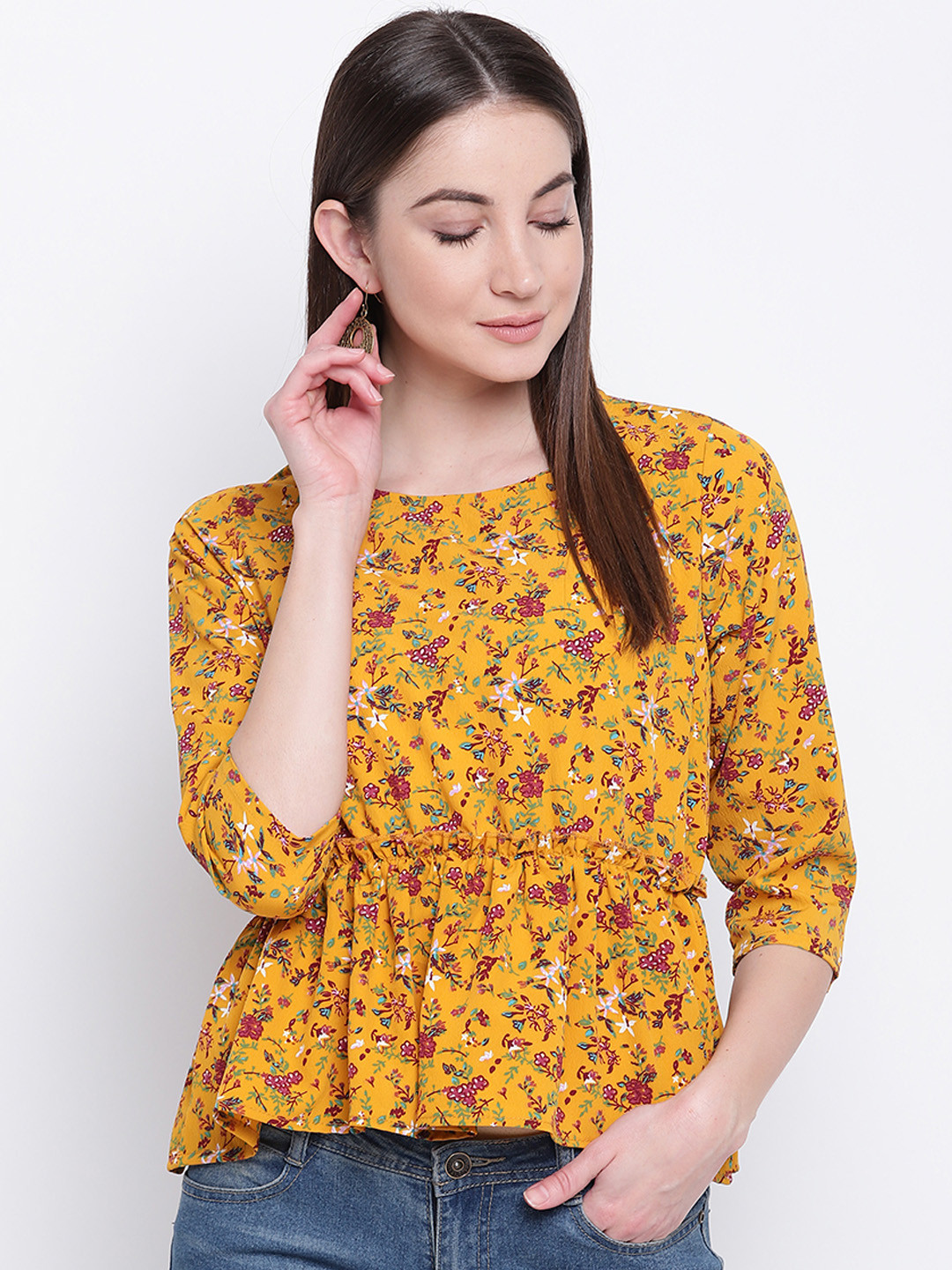 Mayra Women Mustard Yellow & Green Ditsy Floral Printed Cinched Waist Top