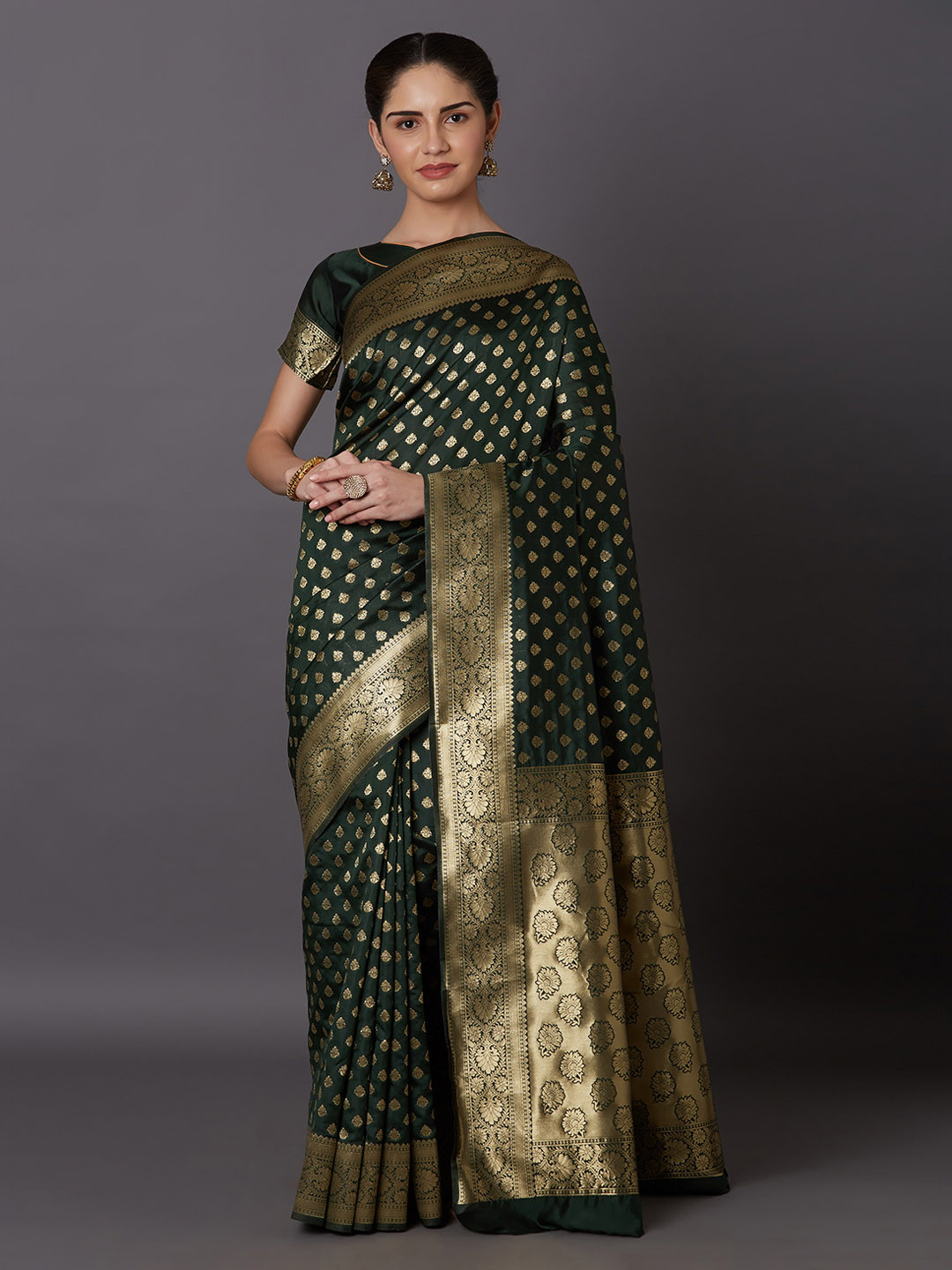 Mitera Olive Green & Gold-Coloured Silk Blend Woven Design Kanjeevaram Saree
