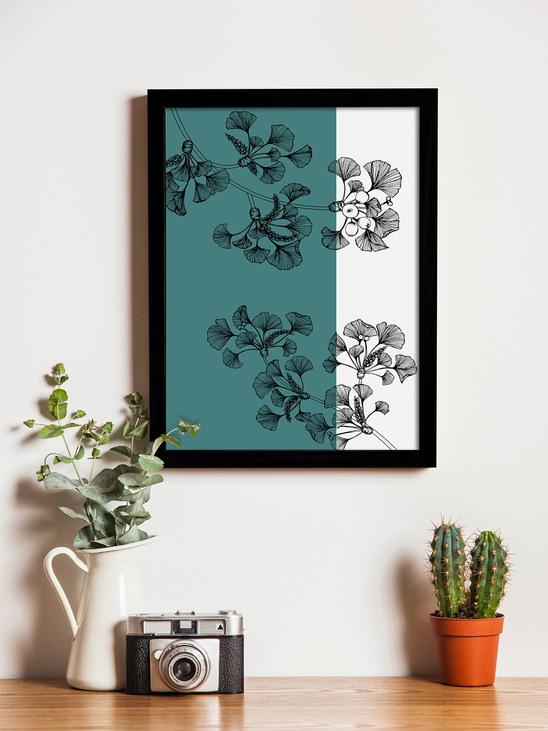 Art Street White & Teal Blue Printed Synthetic Wood Framed Individual Wall Art