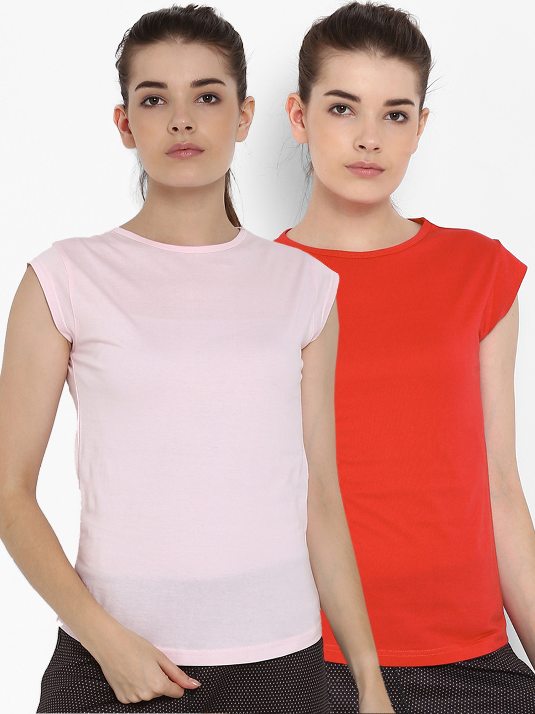 appulse Women Pack of 2 Red & Pink Solid Round Neck T-shirt