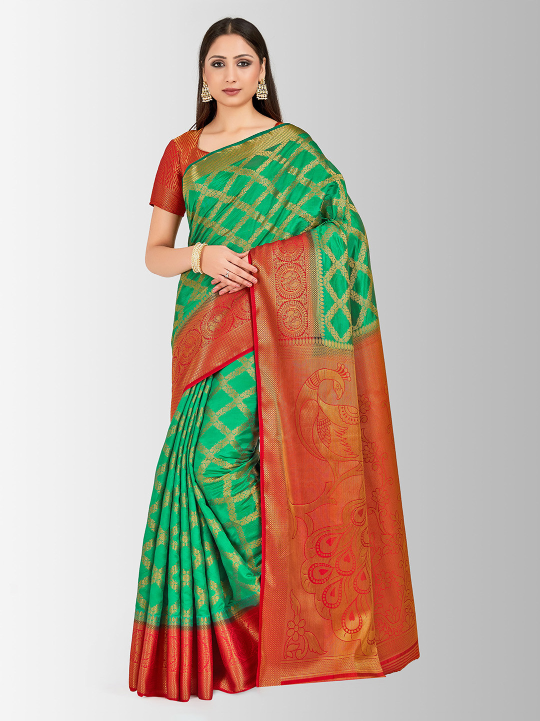 Mitera Green & Orange Art Silk Woven Design Kanjeevaram Saree