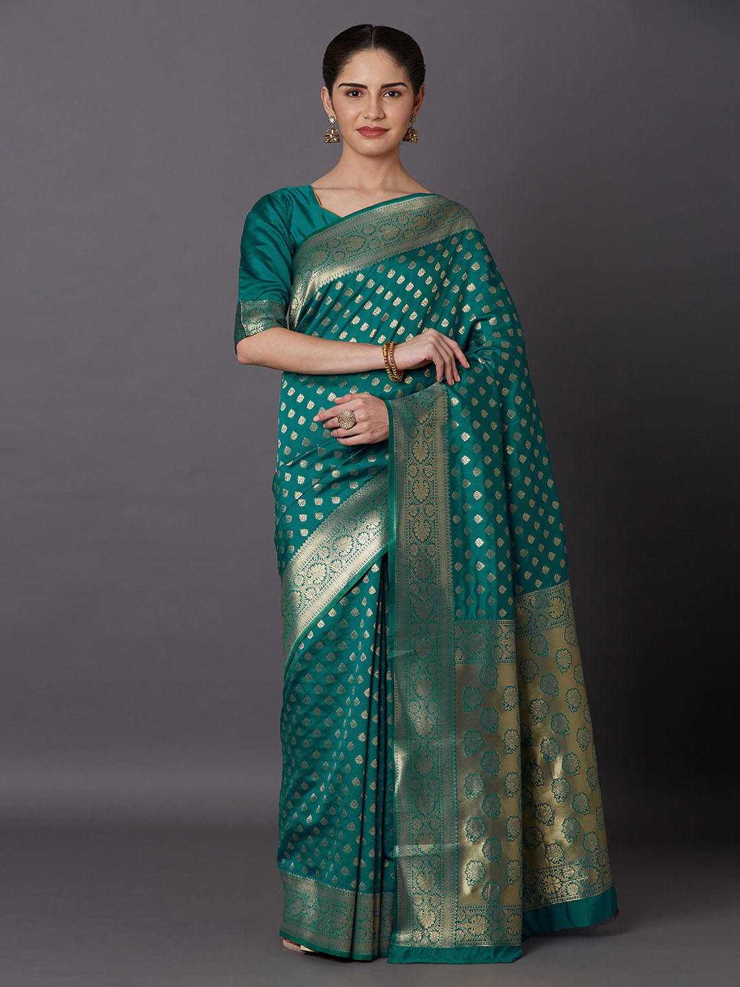 Mitera Turquoise Green & Gold-Toned Silk Blend Woven Design Kanjeevaram Saree
