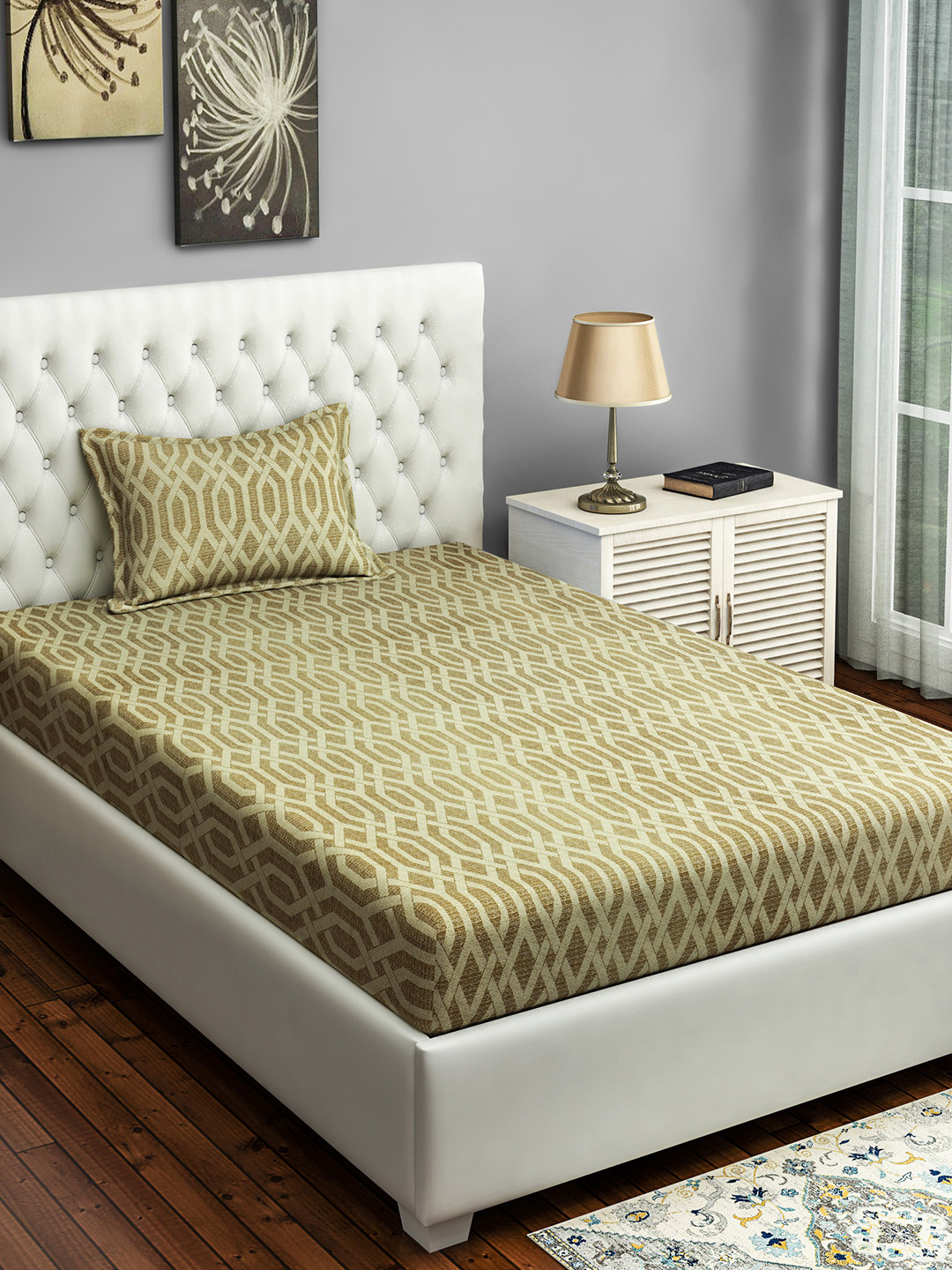 SWAYAM Gold Geometric Cotton 144 TC Single Fine Bedsheet with a Pillow Cover-60 x 90 inches