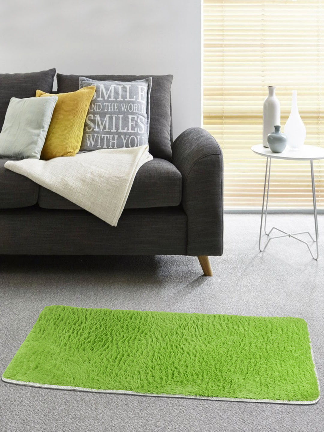 TIED RIBBONS Green Solid Rectangular Soft Fur Anti-Skid Floor Runner