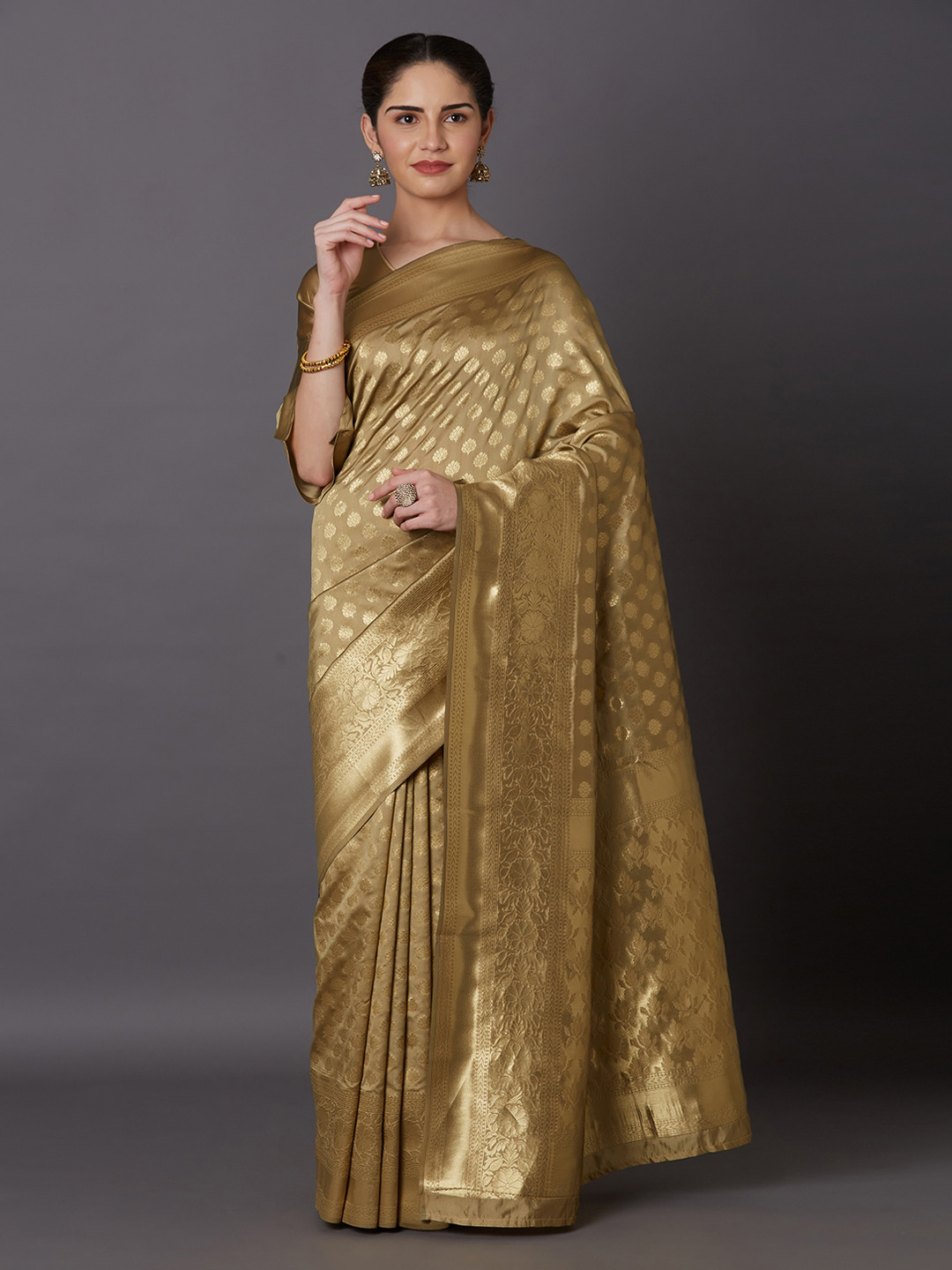 Mitera Beige Woven Design Kanjeevaram Saree