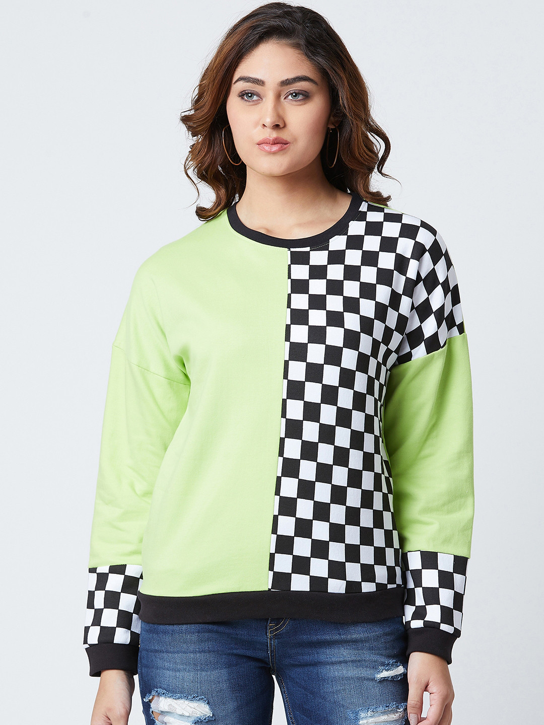The Dry State Women Green & Black Checked Sweatshirt