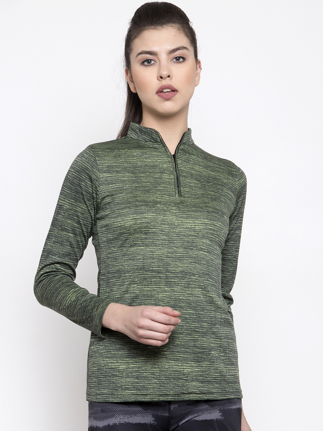 Boston Club Women Green & Black Self Design Slim Fit Mandarin Collar Football T-shirt