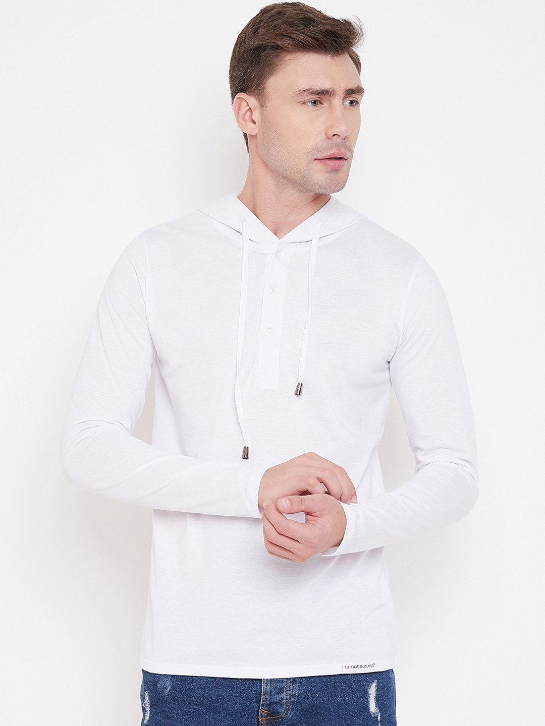 LE BOURGEOIS Men White Solid Hood T-shirt