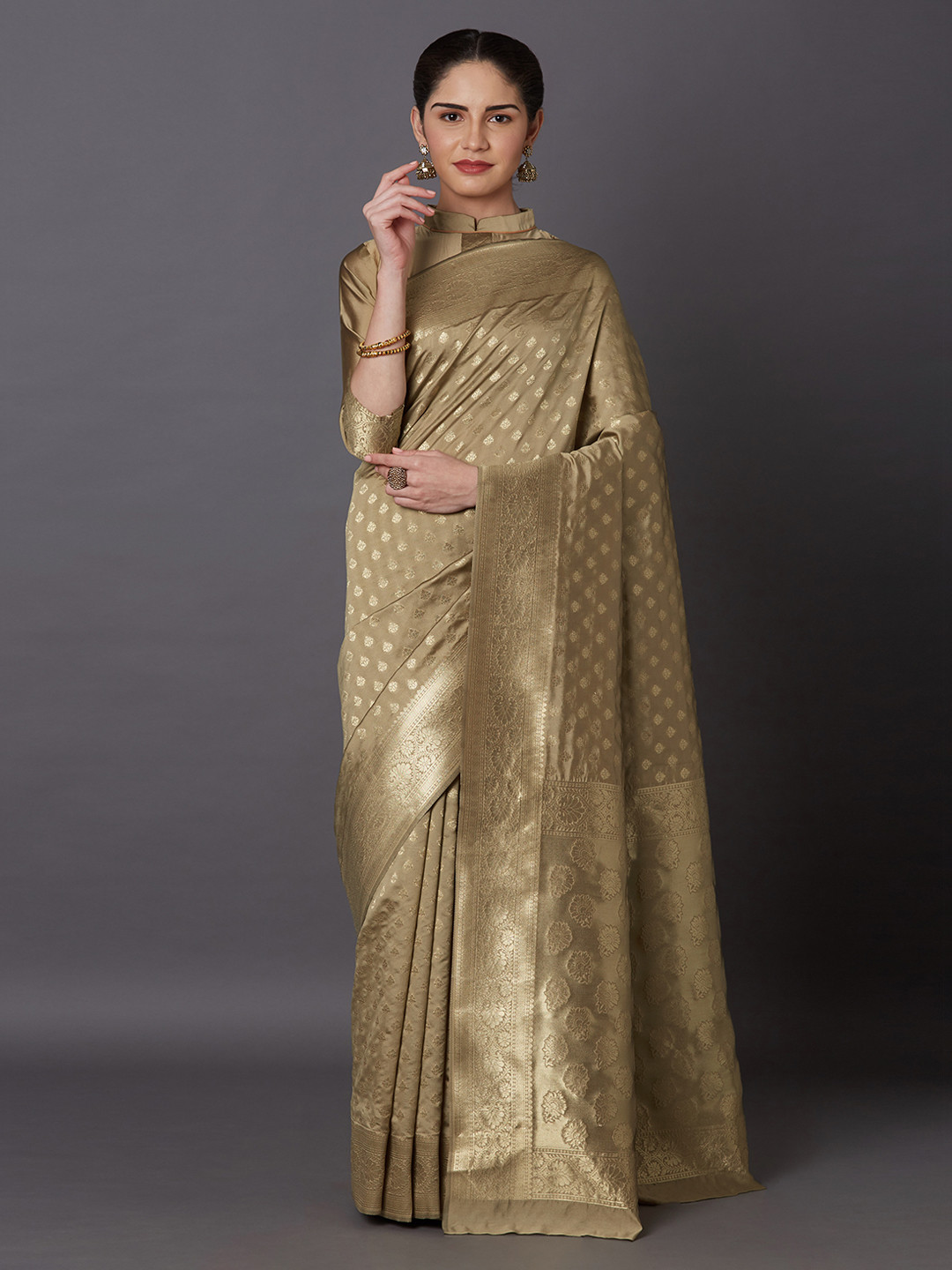 Mitera Beige Woven Design Kanjeevaram Saree