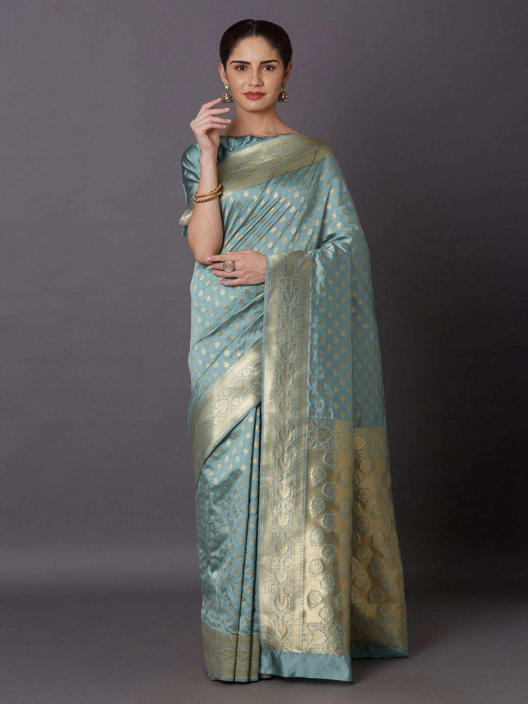 Mitera Grey & Turquoise Blue Silk Blend Woven Design Kanjeevaram Saree