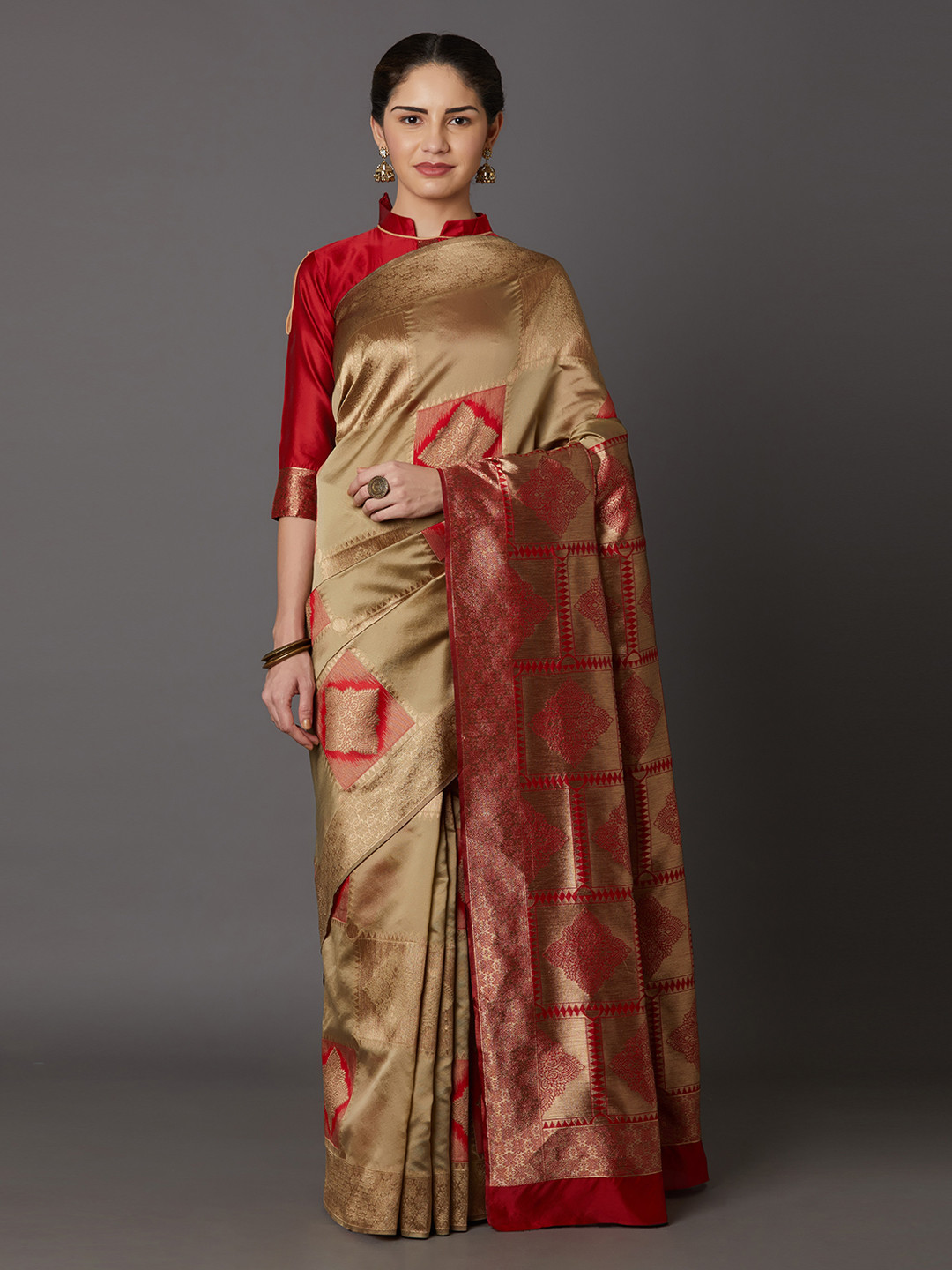 Mitera Beige & Gold-Toned Silk Blend Woven Design Kanjeevaram Saree