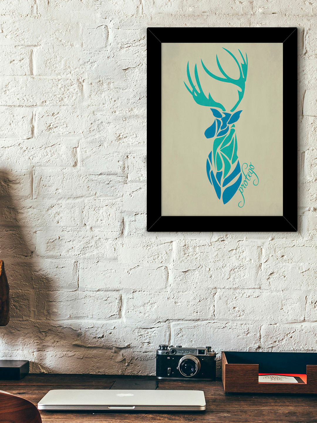 TIED RIBBONS Grey & Blue Printed Synthetic Fibre Framed Wall Art