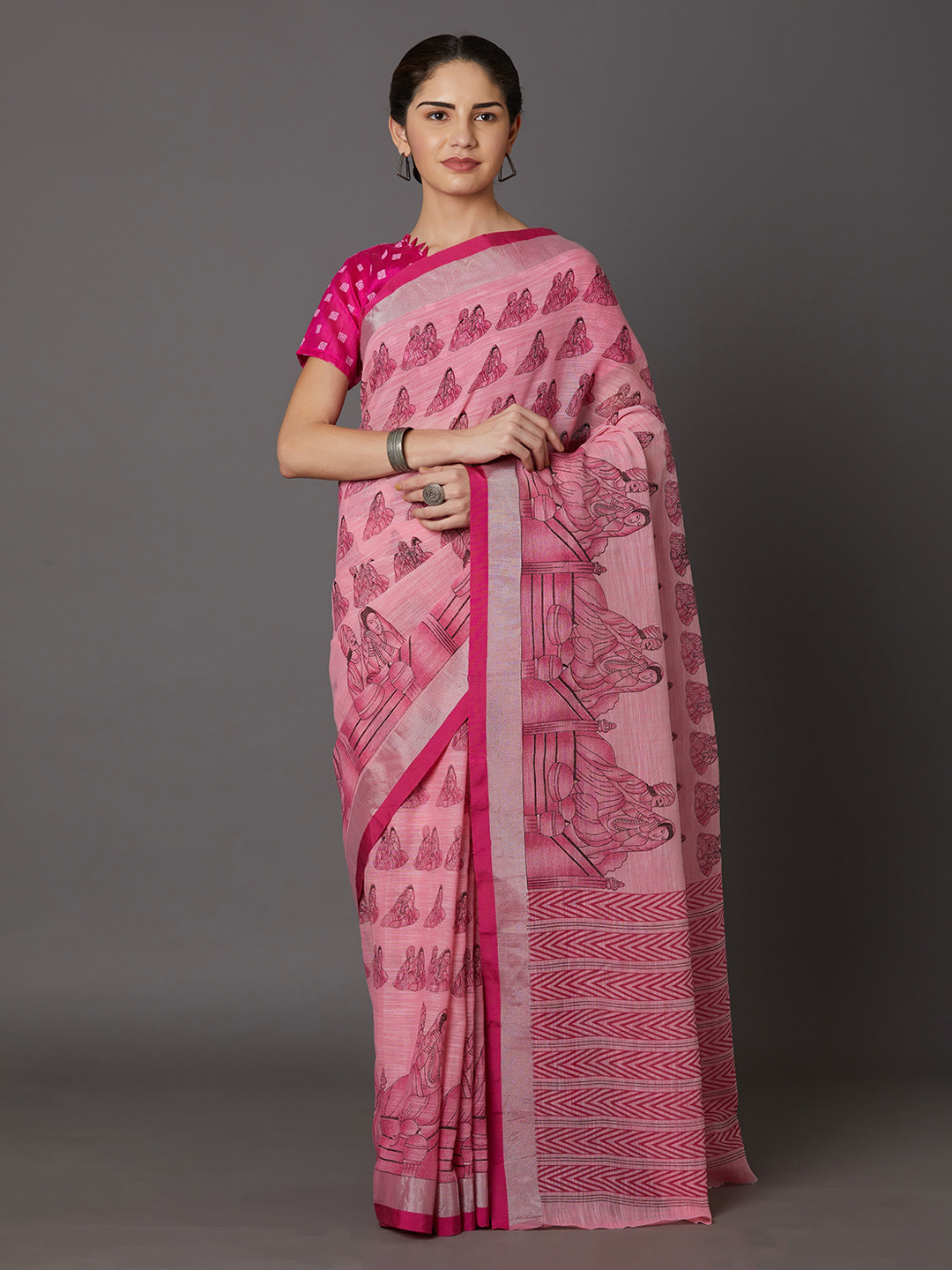 Mitera Pink Silk Blend Printed Kanjeevaram Saree