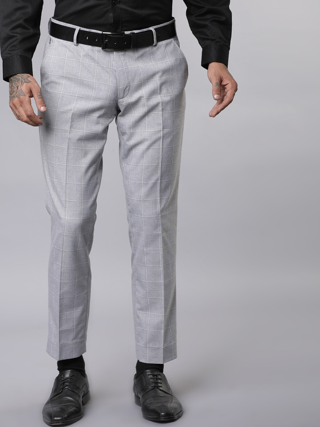 Black coffee Men Grey Slim Fit Checked Regular Trousers
