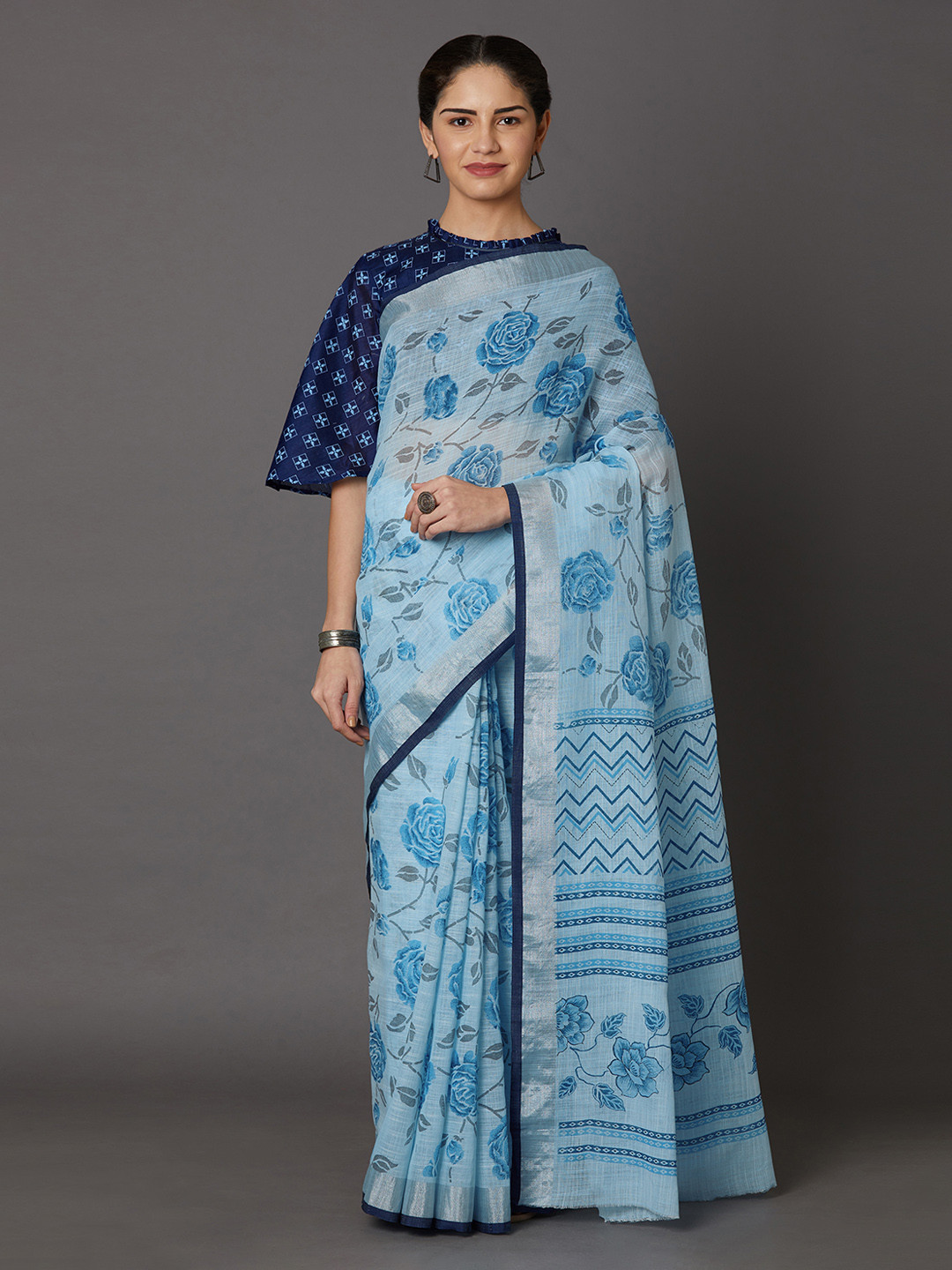 Mitera Blue Silk Blend Woven Design Kanjeevaram Saree