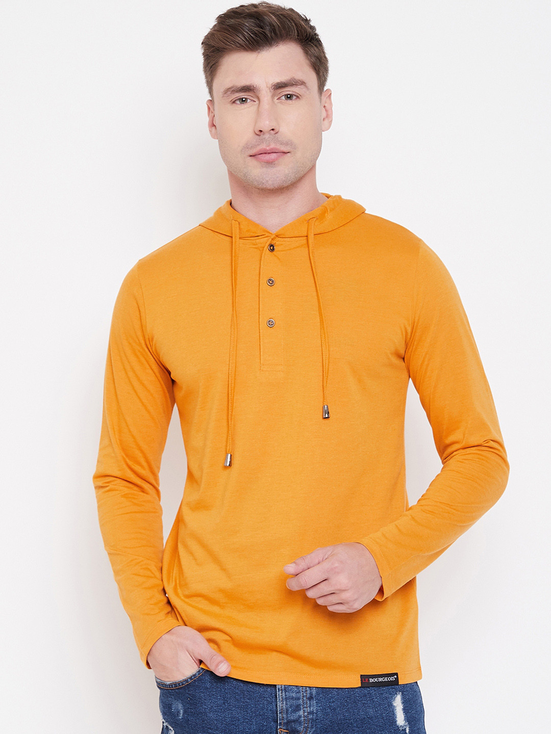 LE BOURGEOIS Men Yellow Solid Hood T-shirt