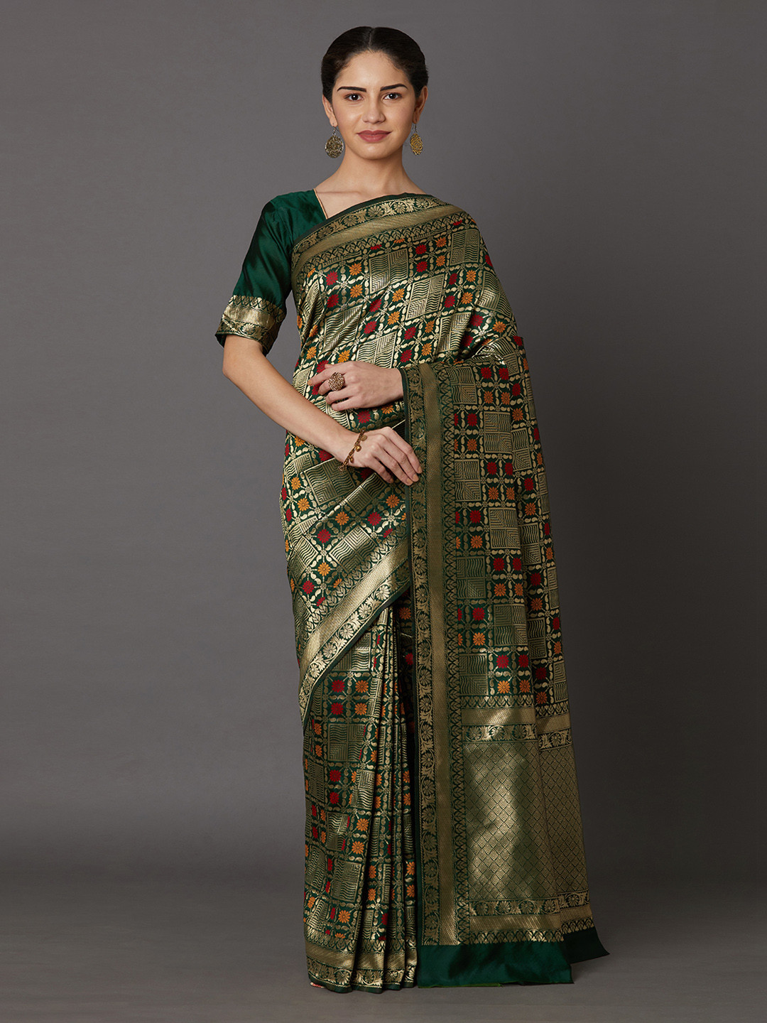 Mitera Green & Gold-Toned Silk Blend Woven Design Kanjeevaram Saree