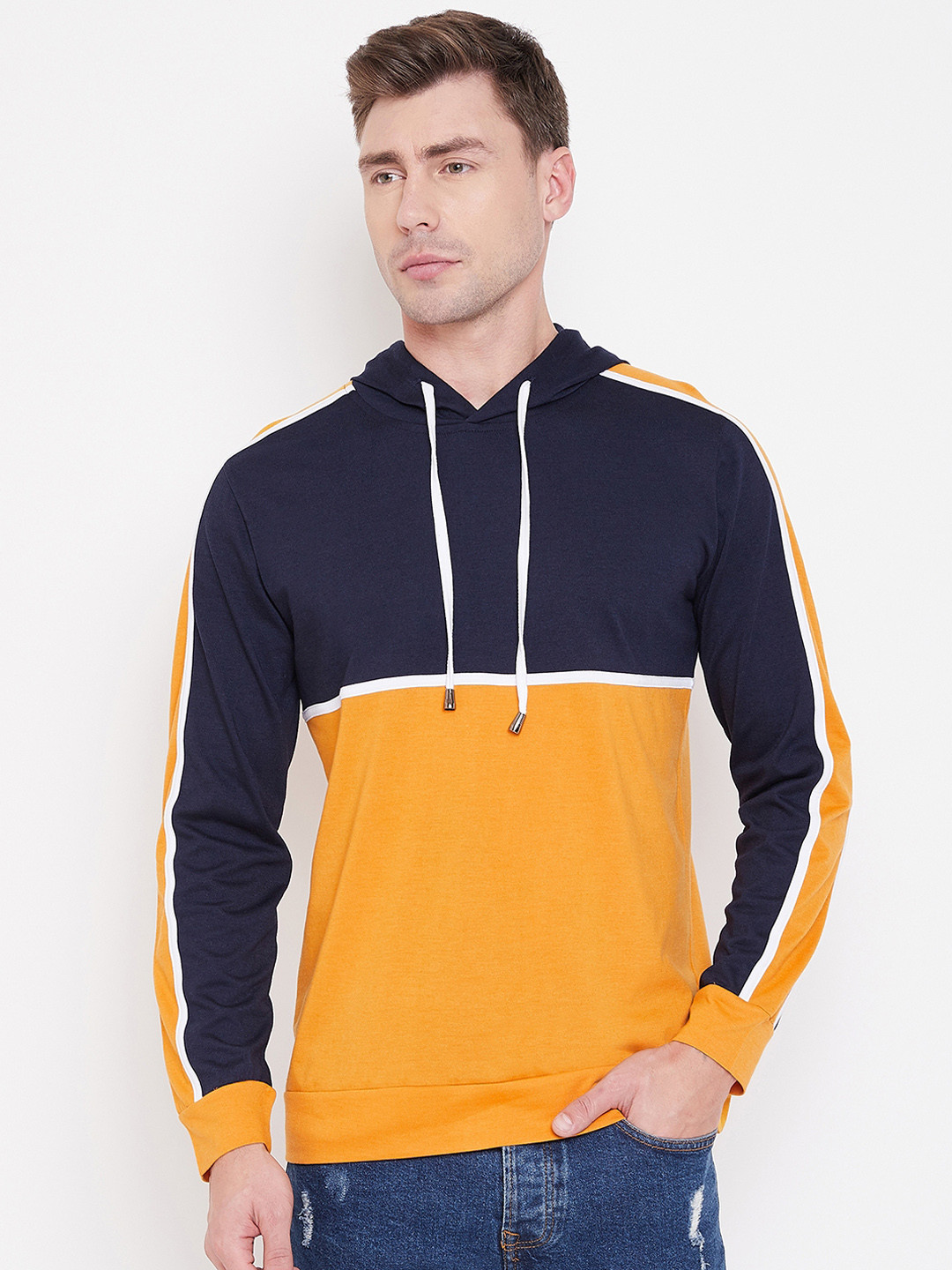 LE BOURGEOIS Men Navy Blue Colourblocked Hood T-shirt